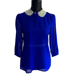 Dizzy Lizzy Cobalt Blue Pearl Peter Pan Collar Top